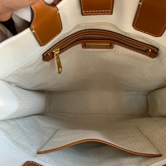 Authentic TORY BURCH Leather/Cotton printed magnetic snap long Tote - Picture 9 of 12